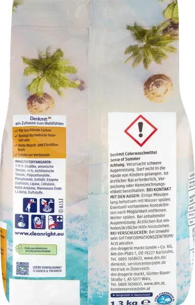 Пральний порошок для кольорової білизни Denkmit Sense of Summer, 20 прань, 1,35 кг 4067796180145 фото