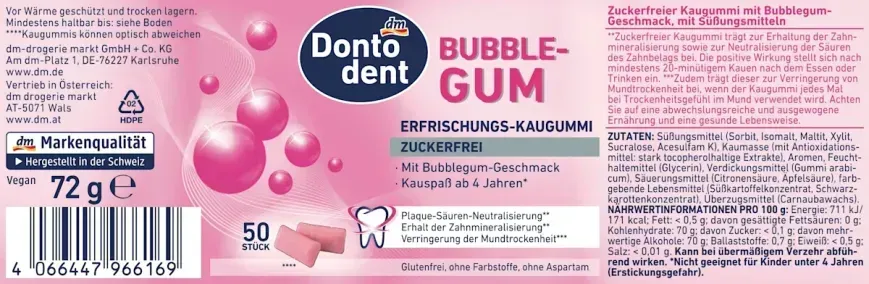 Жевательная резинка Dontodent Bubblegum без сахара, 50 шт. 4067796064735 фото