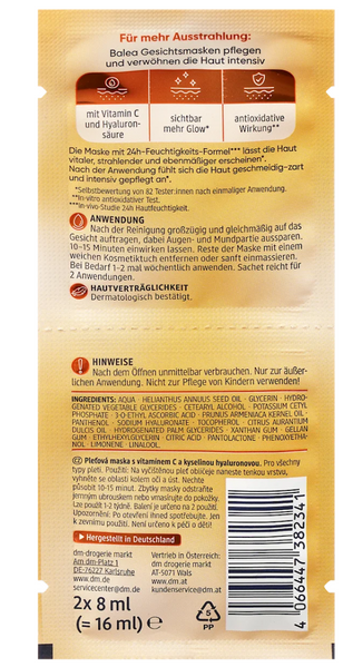Маска для обличчя Balea Gesichtsmaske Vitamin C 16 мл 2 &times; 8 сяйво та зволоження з вітаміном С і гіалуроновою кислотою 4066447382341 фото