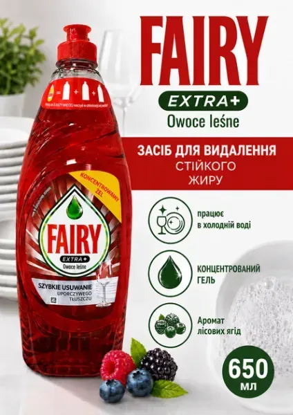 Средство для мытья посуды Fairy Extra+ Лесные ягоды 650 мл, концентрированный гель от жира 8700216749619 фото