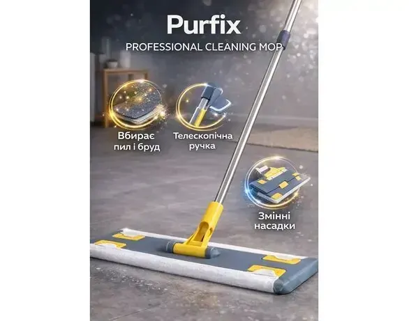 Набір для прибирання підлоги Purfix Швабра та вологі серветки, 1 комплект (швабра 1.18 м + серветки 50 шт) 4820207592520 фото