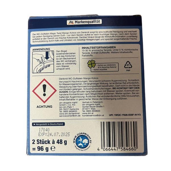 Підвісний блок Denkmit WC-Stein Magic Twist для унітазу з ароматом манго та кокосу 2шт 4066447584660 фото
